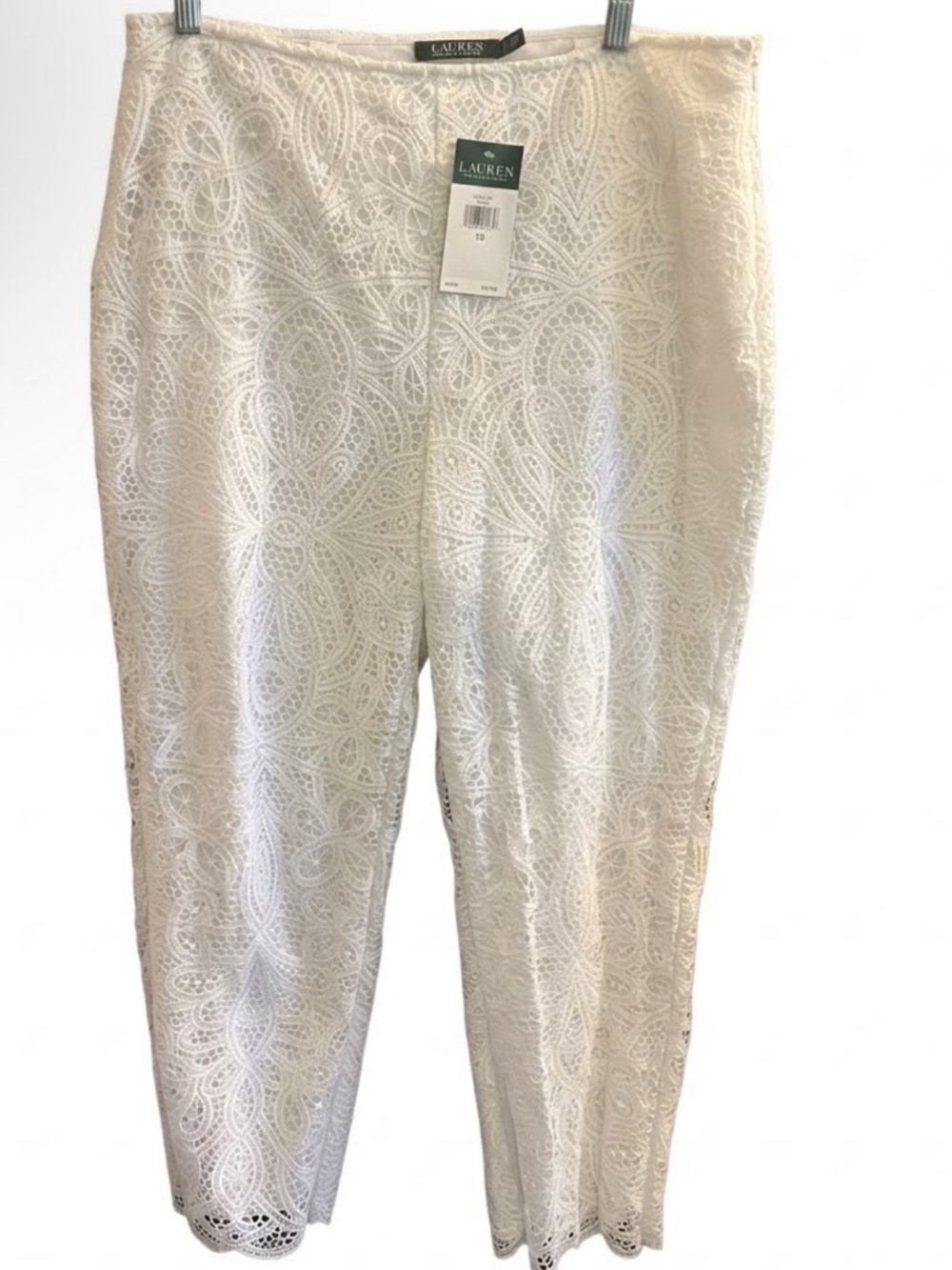 SZ 12 Lauren Ralph Lauren White Floral Lace Ankle Pants Straight cotton Lining
